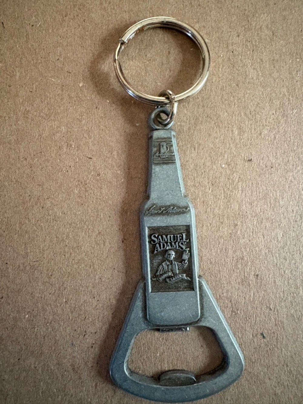 Vintage Samuel Adams Light Pewter Bottle Opener Keychain in Silver